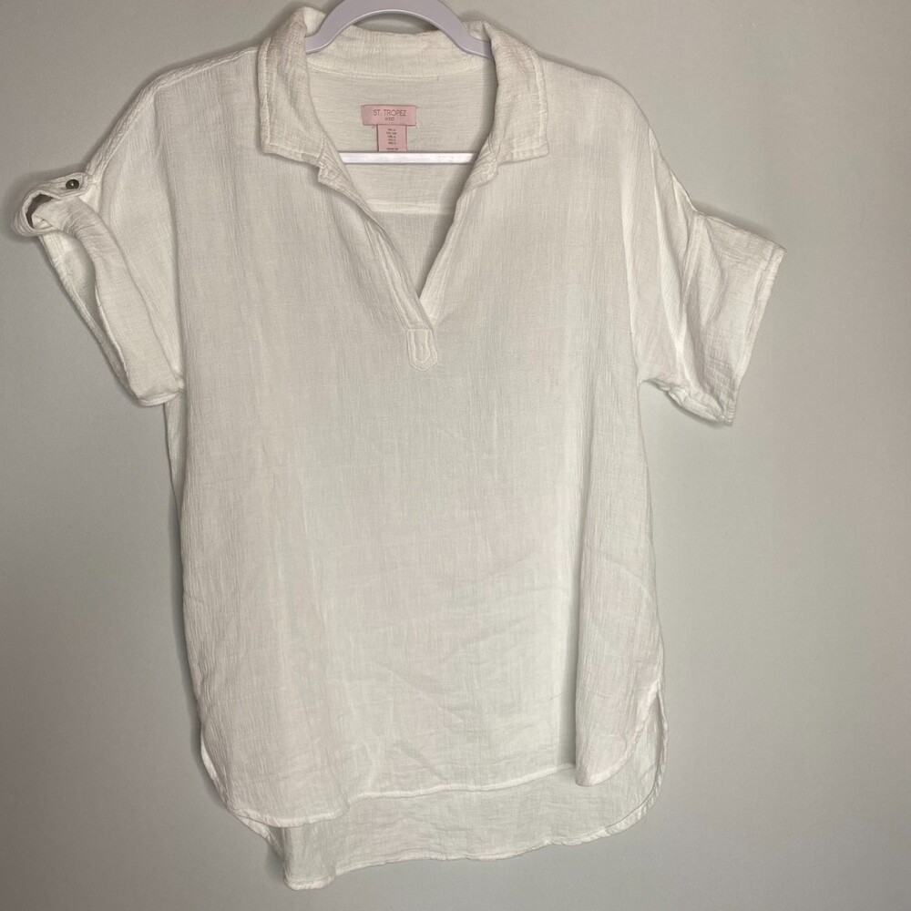 ST Tropez West White V-Neck Crinkle Cotton Shirt Adjustable 1/4 Sleeve Size S